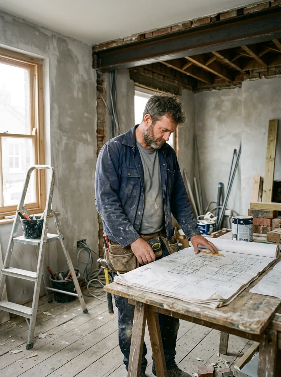 Site manager checking drawings during a residential building project