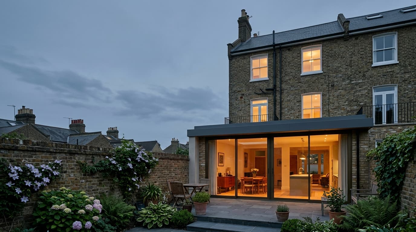Lit rear extension with wide sliding doors on a London stock brick Victorian terrace at dusk