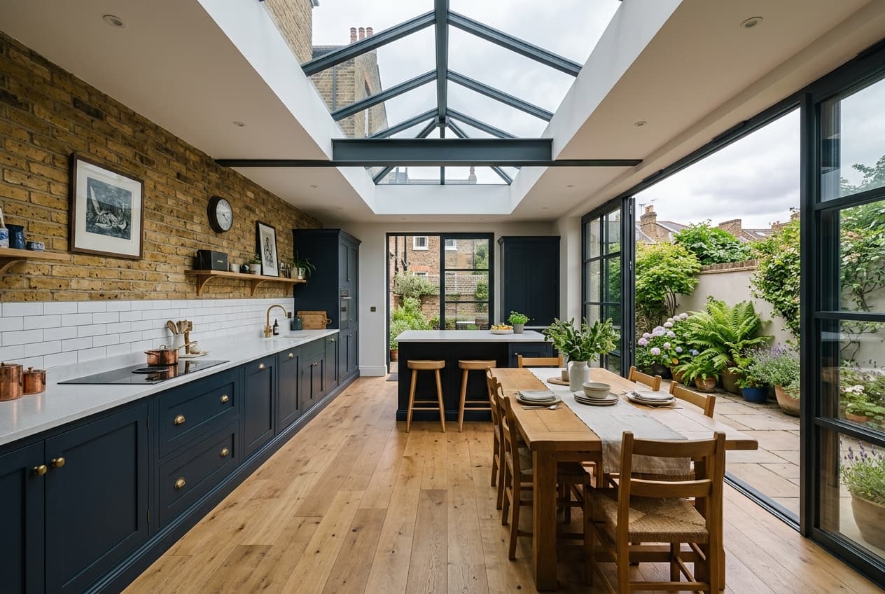 Open plan kitchen and dining room in a side return extension lit by a roof lantern
