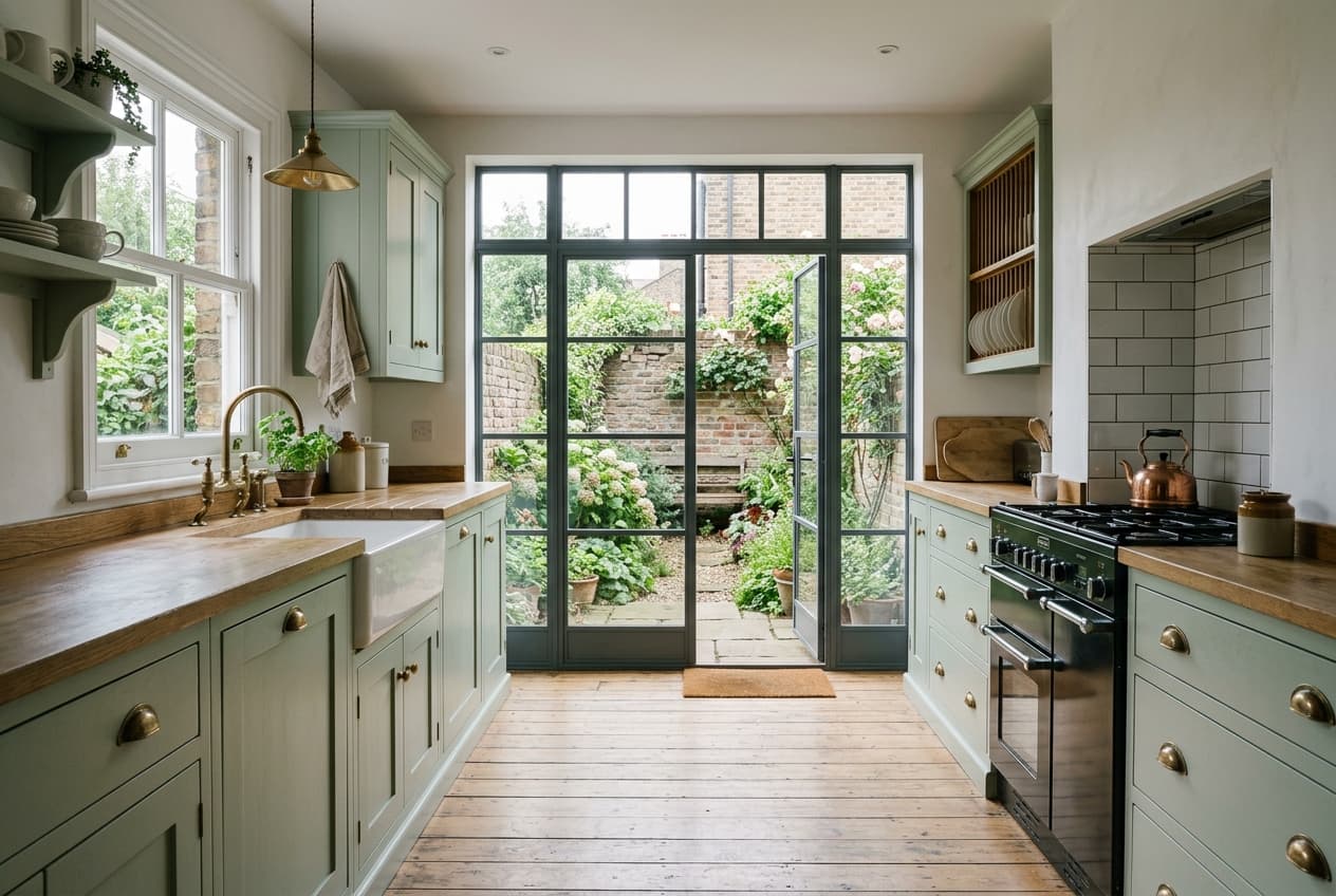 Sage green Edwardian kitchen with a butler sink and steel framed doors onto a walled garden