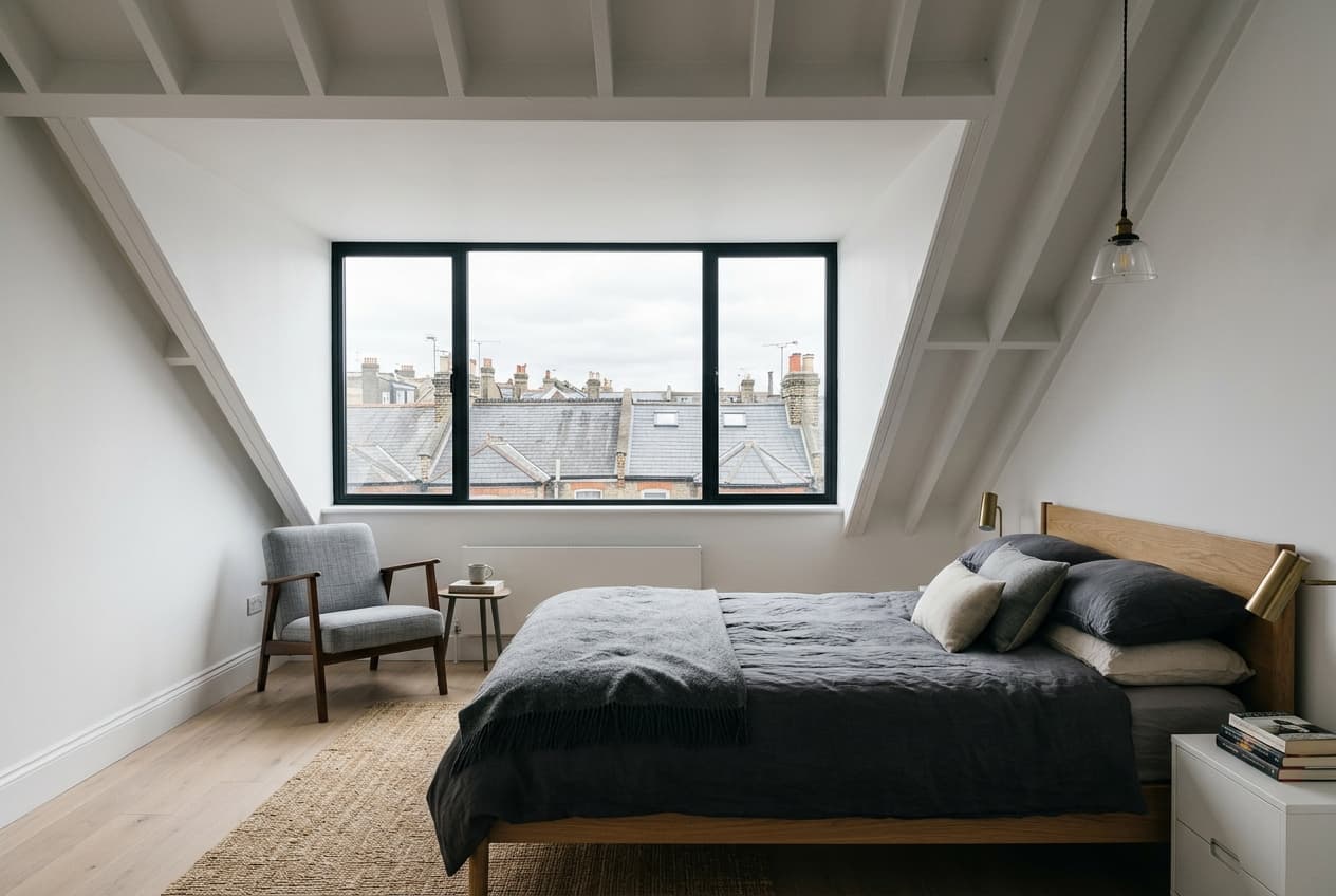 Loft conversion bedroom with a wide dormer window looking over slate roofs and chimney pots