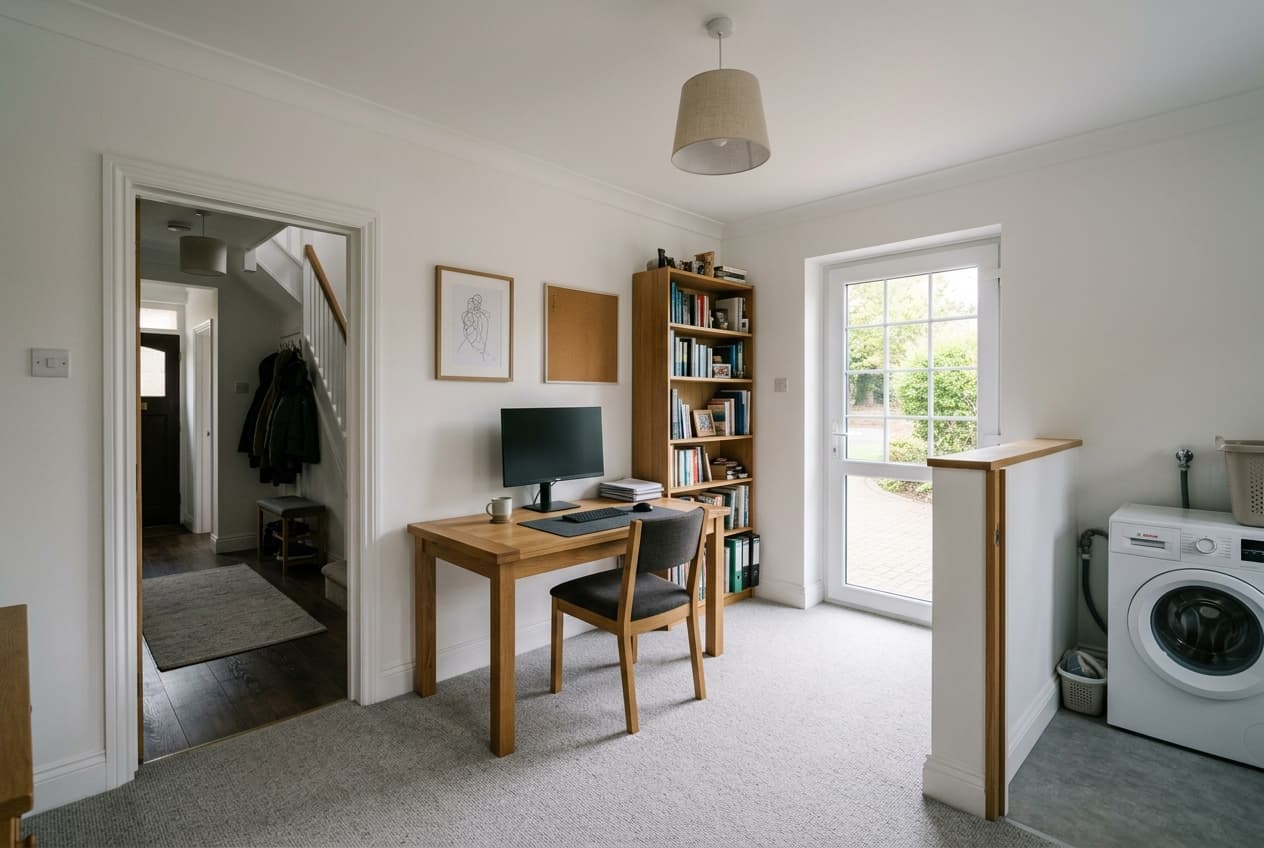 Converted garage home office with a new window and a cased opening through to the hallway