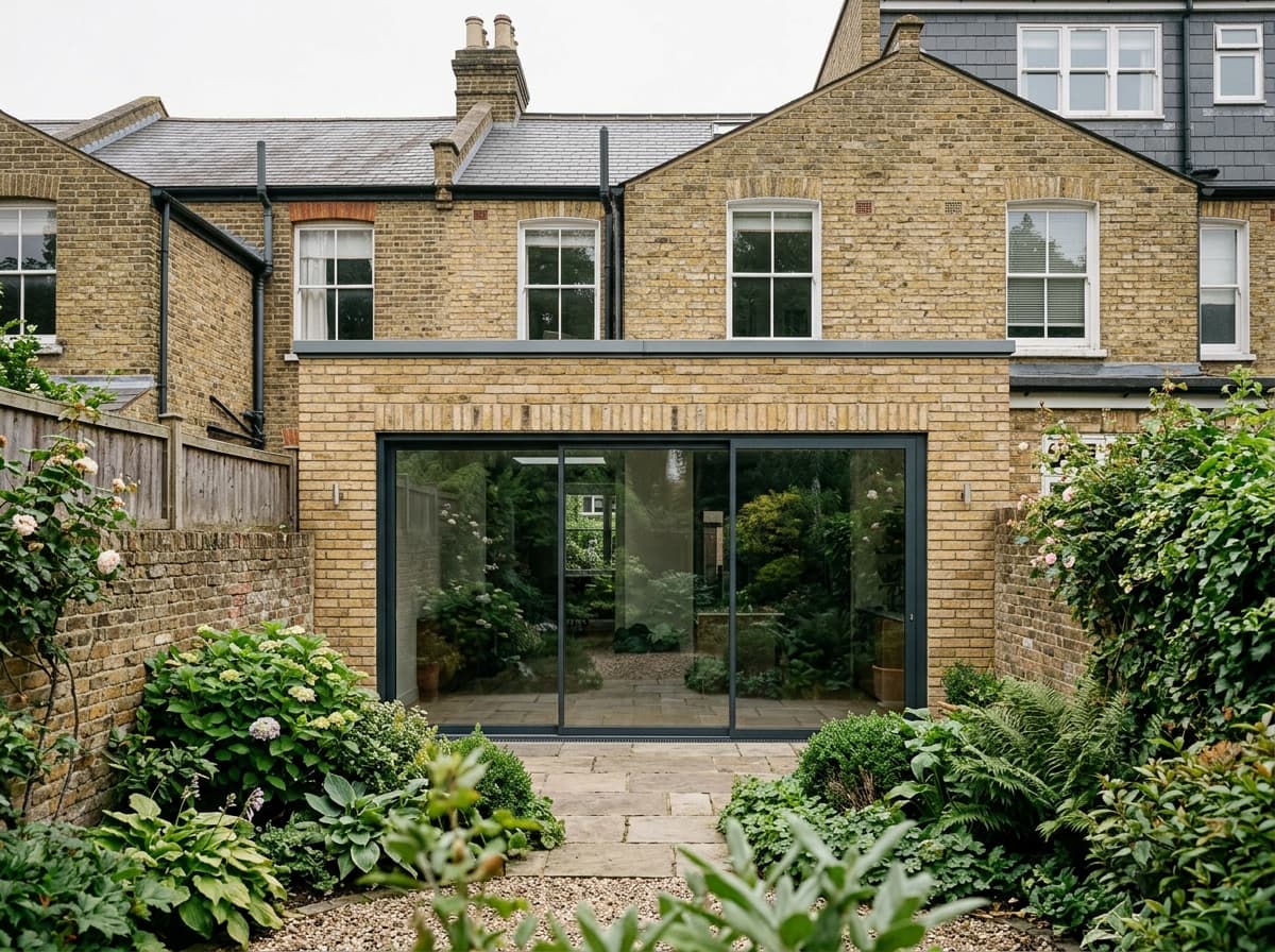 Rear extension in yellow London stock brick with dark grey sliding doors onto a garden