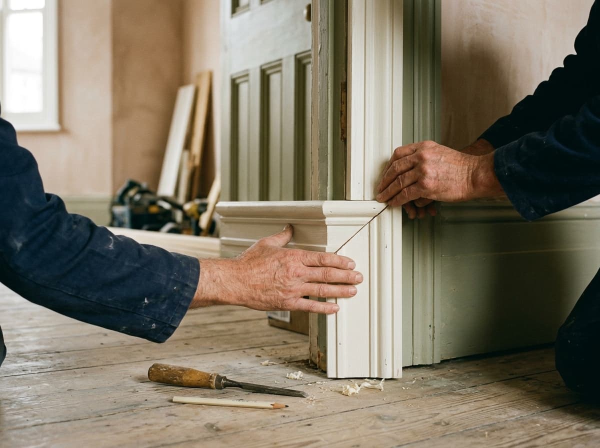Joiners fitting painted architrave to a door casing during a refurbishment