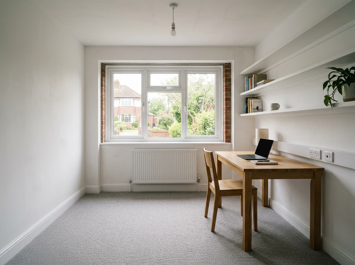 Converted garage finished as a bright home office with a new window