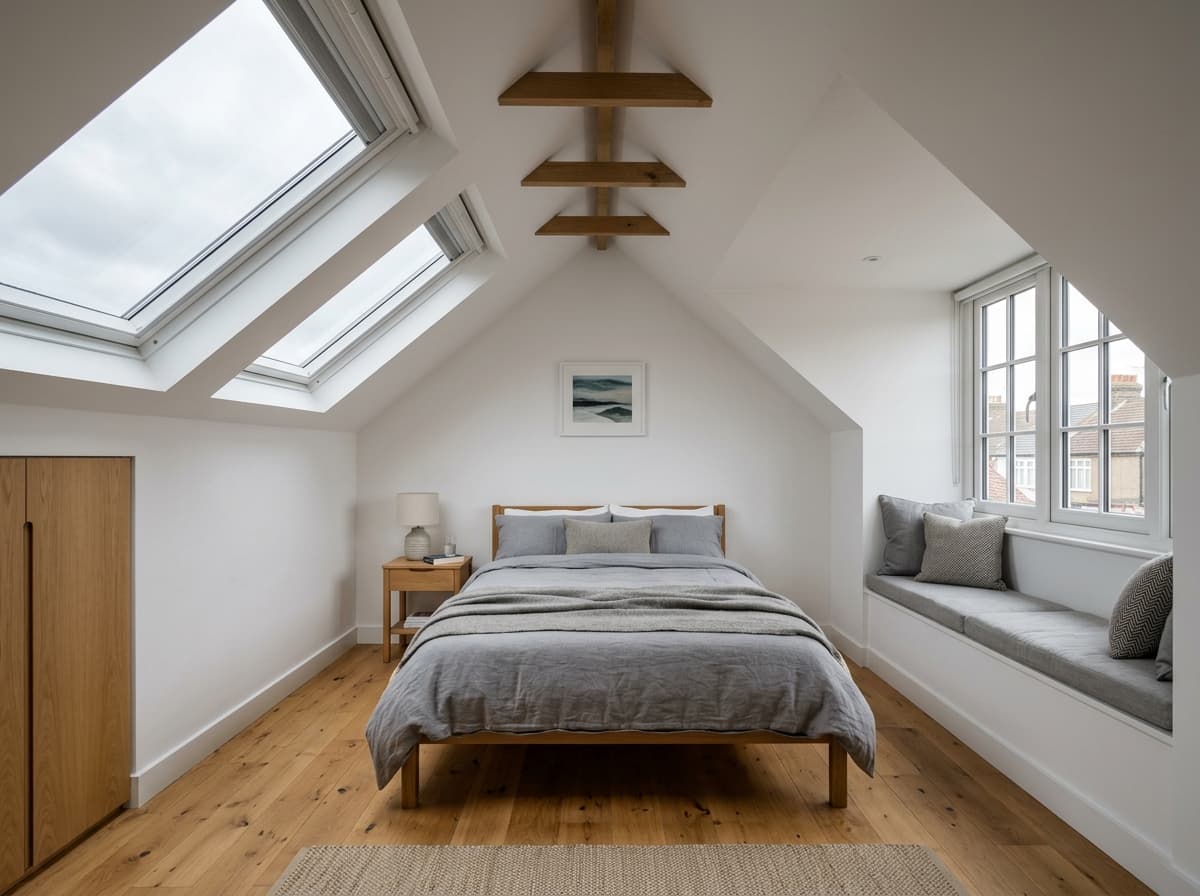 Loft conversion bedroom with Velux roof windows, an oak floor and a dormer window seat