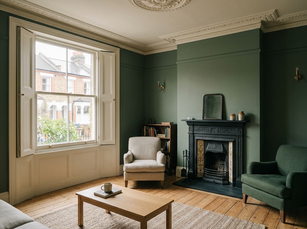 Refurbished period living room with a restored fireplace and cornicing