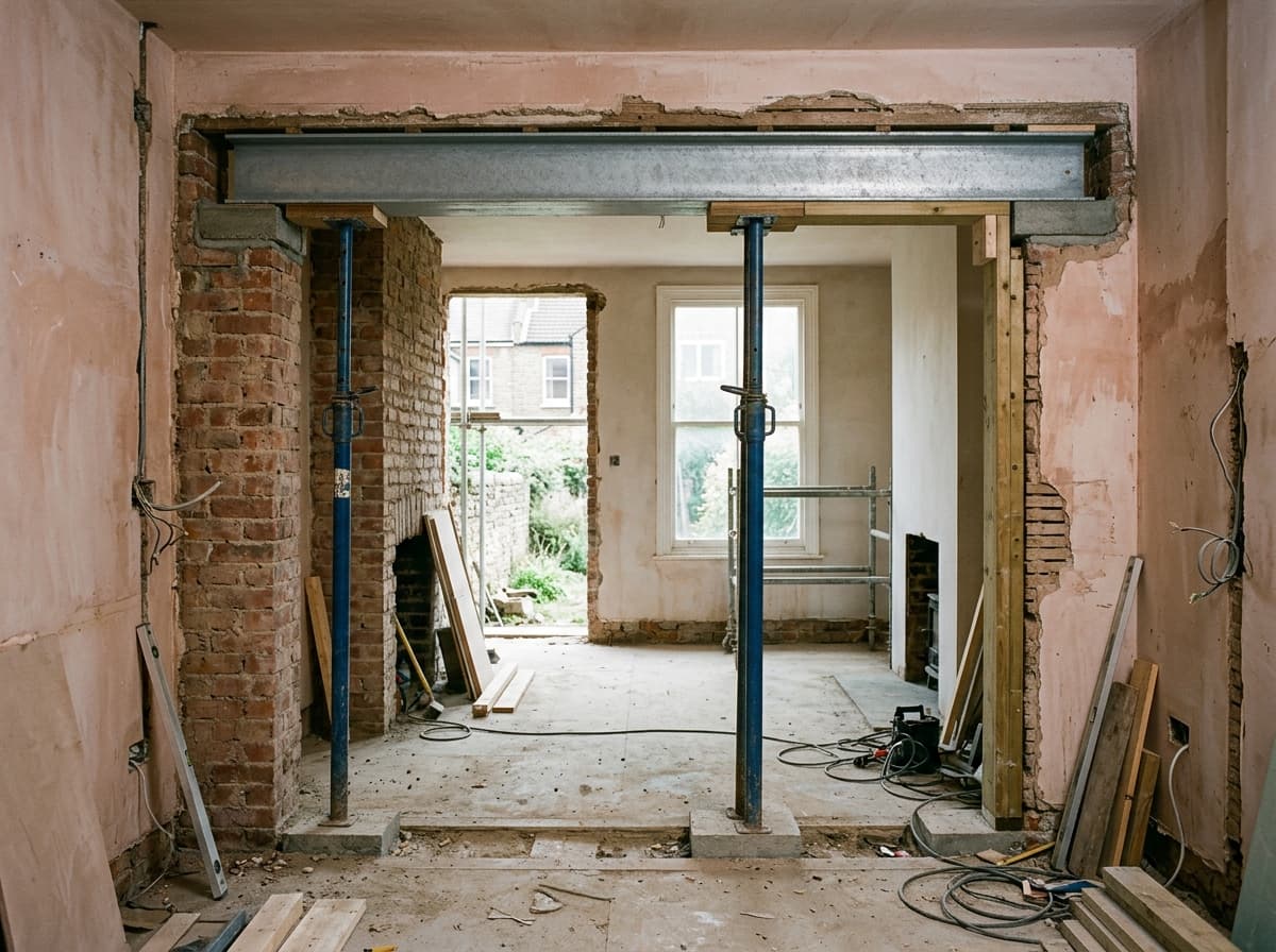 New steel beam on padstones with props supporting a knocked-through wall